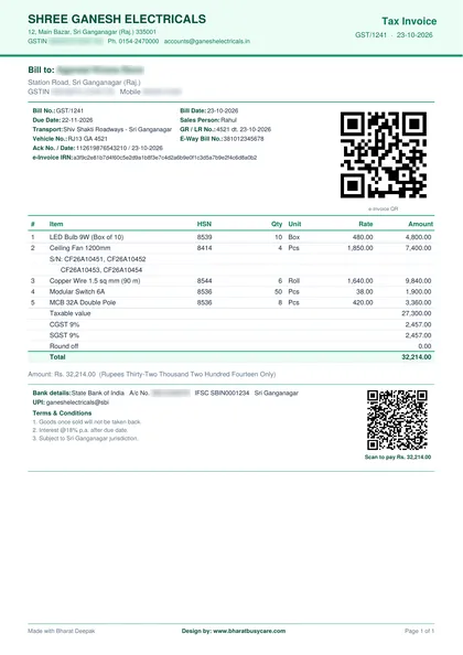 Bharat Deepak Emerald bill design PDF preview (demo data, private details hidden)
