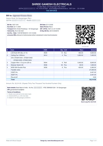 Bharat Deepak Indigo bill design PDF preview (demo data, private details hidden)