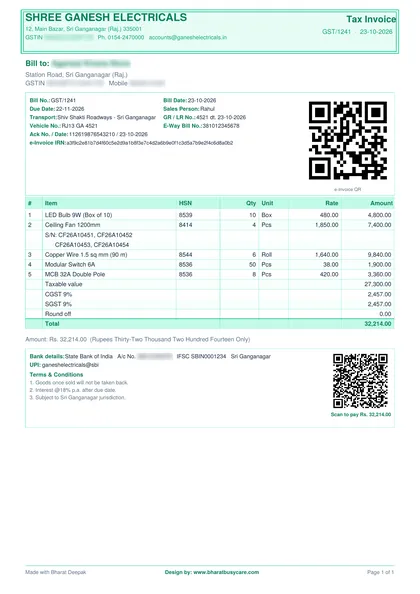Bharat Deepak Mint bill design PDF preview (demo data, private details hidden)