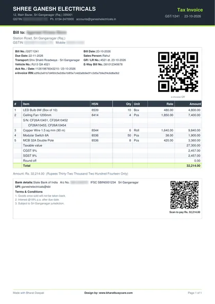 Bharat Deepak Slate bill design PDF preview (demo data, private details hidden)