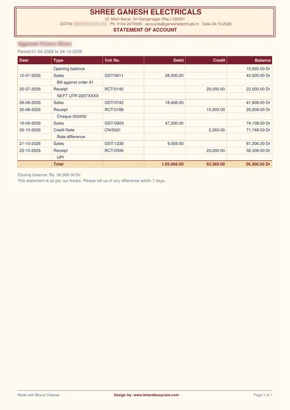 Bharat Deepak Ledger statement (Maroon) PDF preview (demo data, private details hidden)