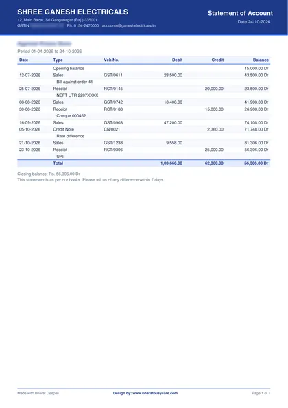 Bharat Deepak Ledger statement (Royal) PDF preview (demo data, private details hidden)