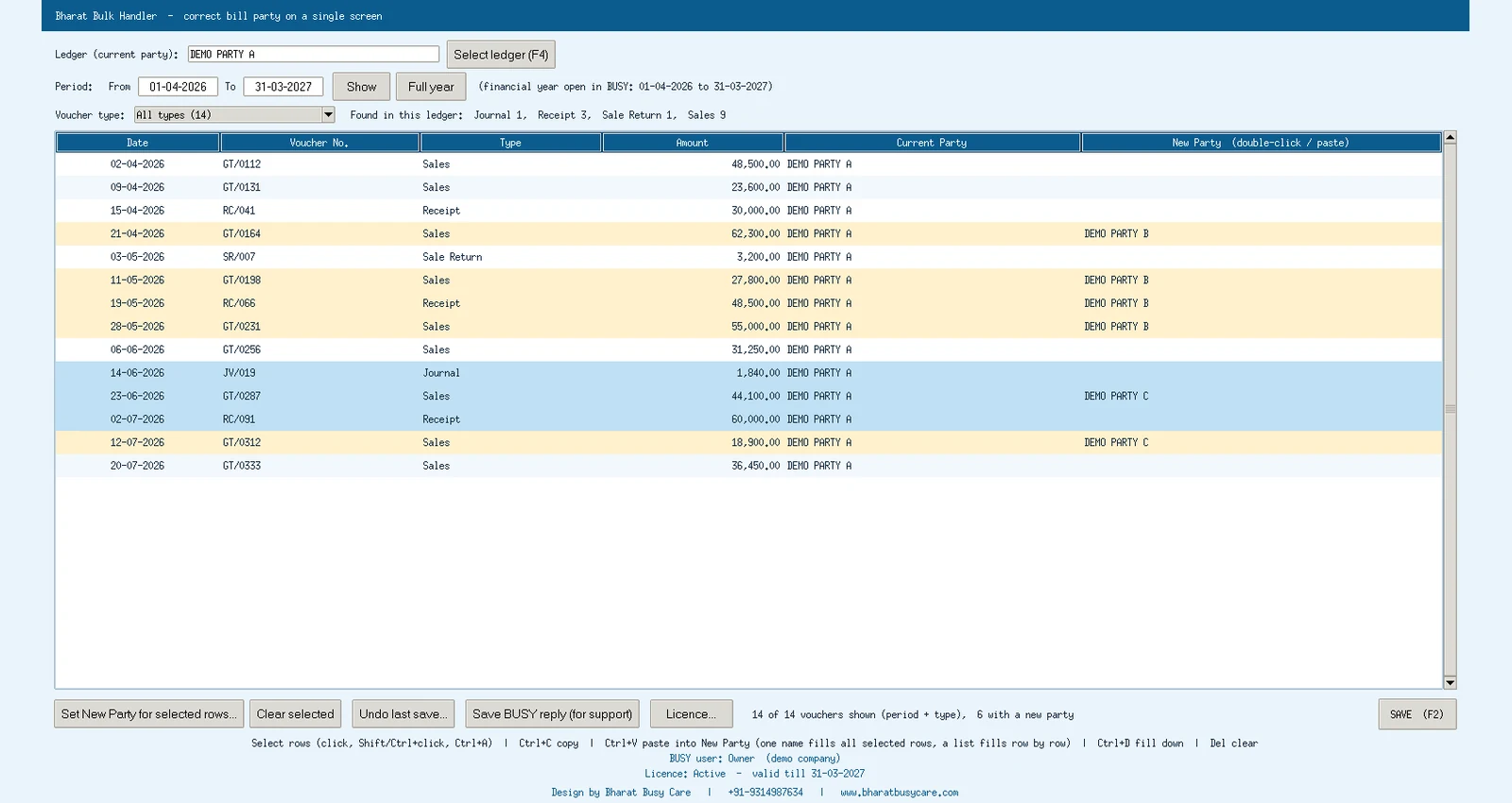 Bharat Bulk Handler New party per row: Amber rows have a new party: one ledger's bills can go to several parties in one Save. Demo data.