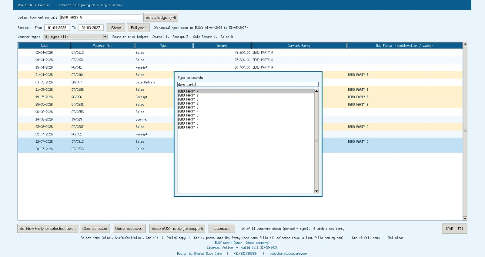 Bharat Bulk Handler Search-as-you-type party list: Type a few letters and choose the right party for the selected rows. Demo data.