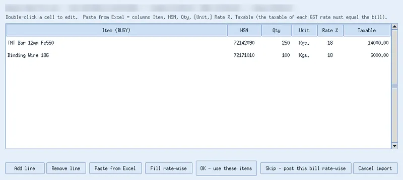 One e-invoice bill: item, HSN, quantity, unit and rate ready to post