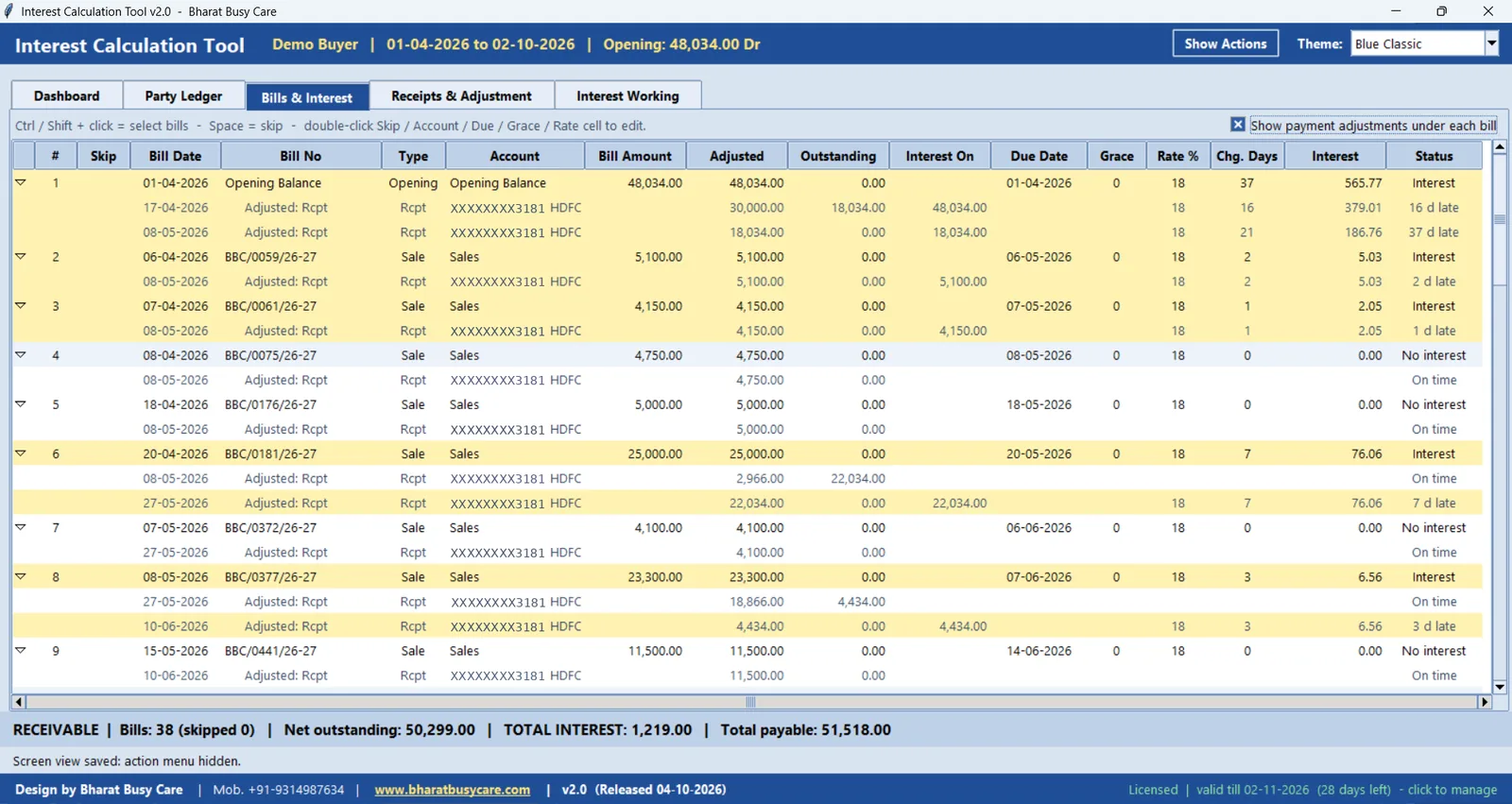 BharatLaxmi Bills & Interest