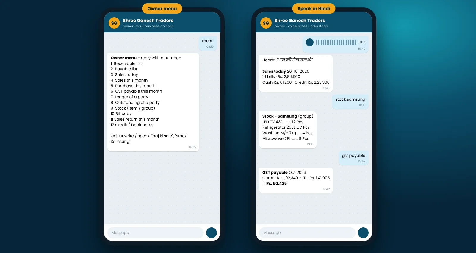 BNM Chat Bot Owner menu and voice: Twelve owner reports from BUSY; a Hindi voice note "aaj ki sale bataao" gets today's sales. Demo data.