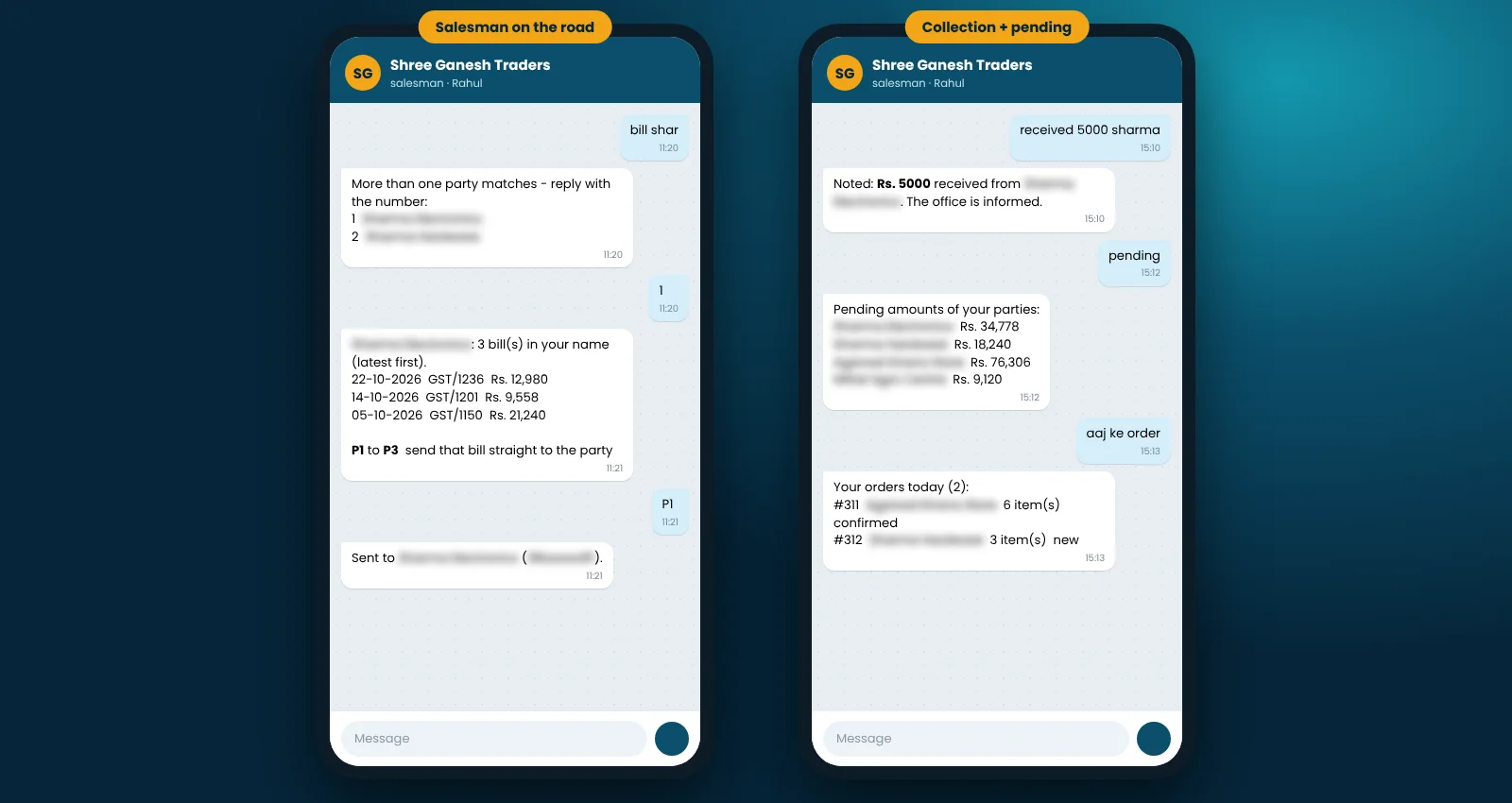 BNM Chat Bot Salesman on the road: Bill copies of his parties, send a bill straight to the party, collections and pending amounts. Demo data, names and mobiles hidden.